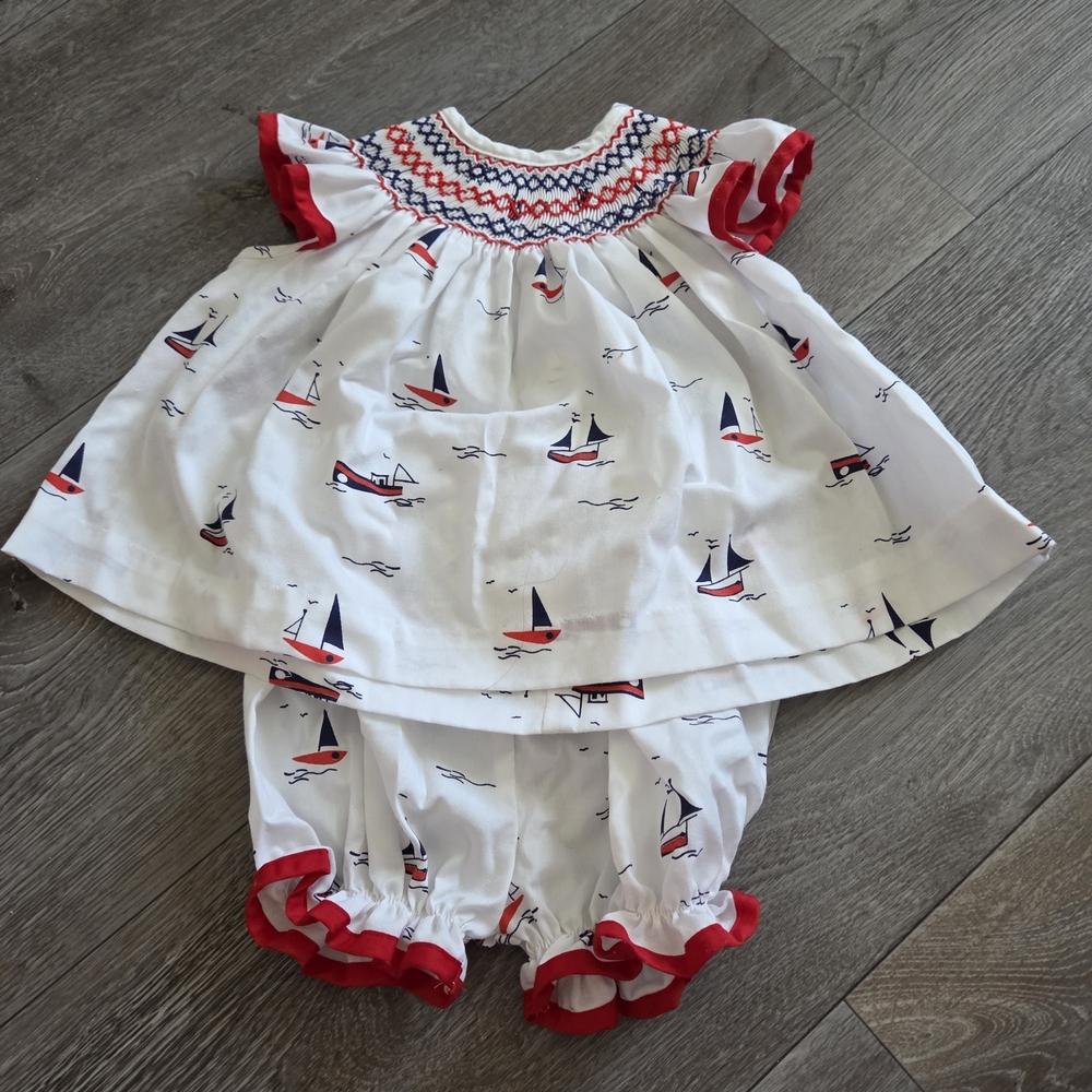 Edgehill Collection White Sailboat Smocked Dress & Bloomer Set with Red & Navy